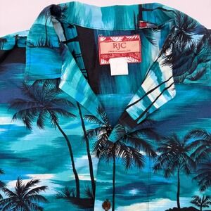 RJC Hawaiian Shirt Mens Large Teal Blue Tropical Palm Tree Made in Hawaii 102C